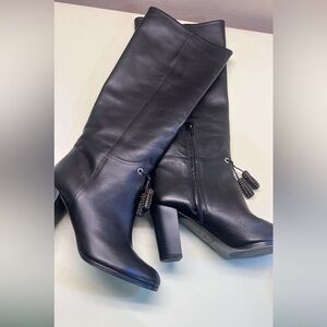 Anaki Paris Euro Leather Black Heeled Boots with Chunky Block Heel